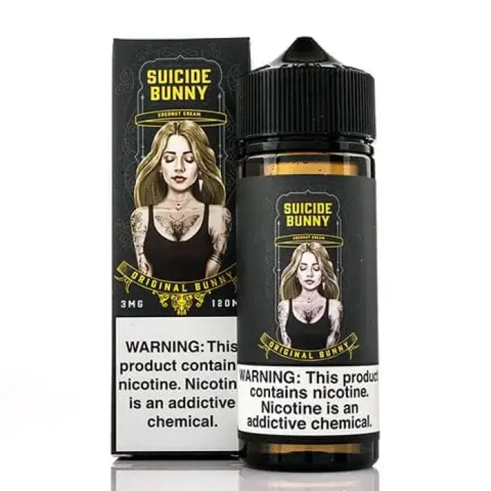 E-liquid bottle and packaging for a vaping product called ’Suicide Bunny’.