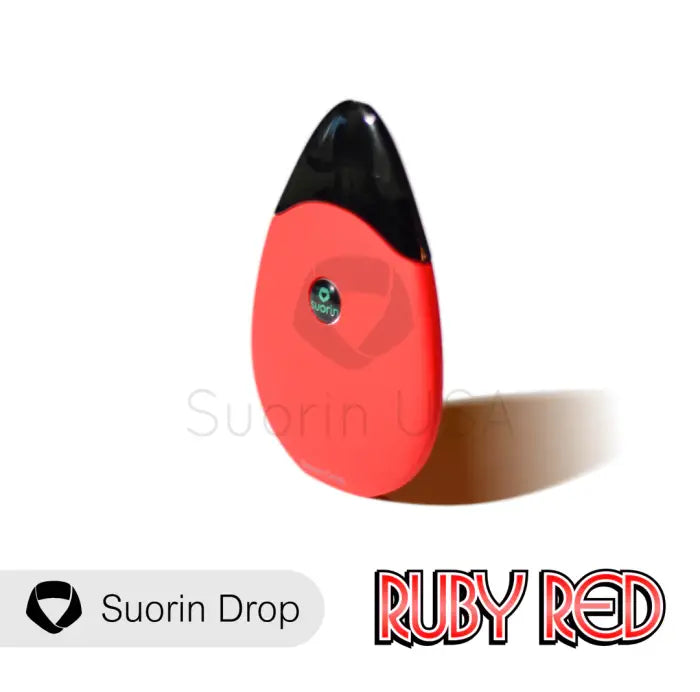 Teardrop-shaped red and black electronic vaping device labeled ’Suorin Drop’ and ’Ruby Red’.