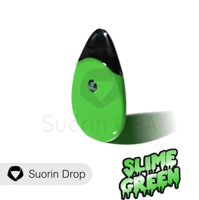 Teardrop-shaped green and black vaping device labeled ’Suorin Drop’ and ’Slime Green’.