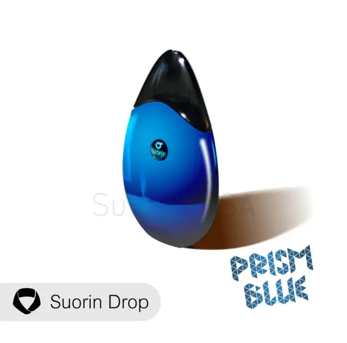 Sleek, teardrop-shaped blue and black electronic vaping device labeled ’Suorin Drop’.