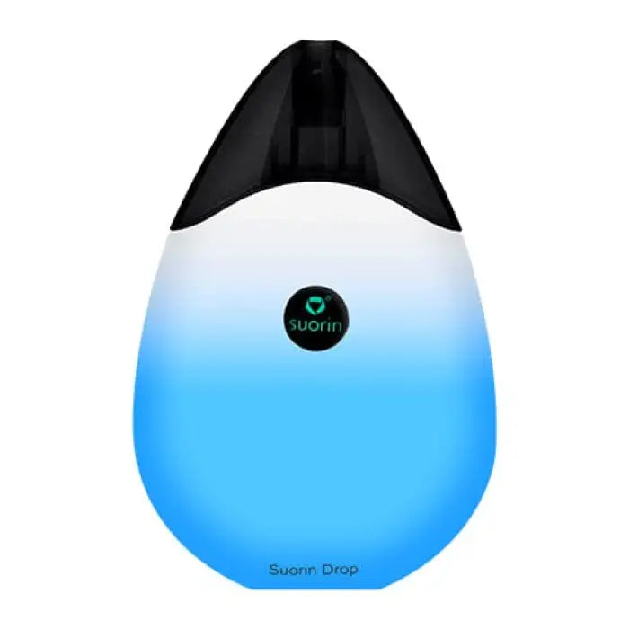 Teardrop-shaped electronic device with a gradient blue-to-white body and black top.