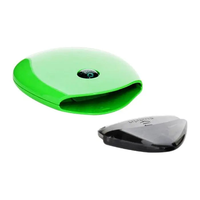 Bright green oval-shaped plastic device with a small circular opening in the center.