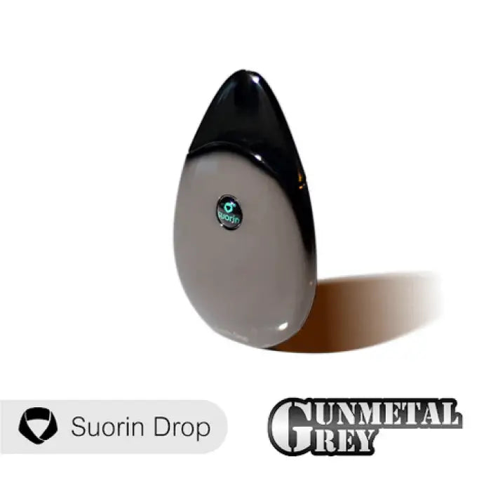 Sleek, teardrop-shaped electronic device with a small circular display, labeled ’Suorin Drop’ in gunmetal grey color.