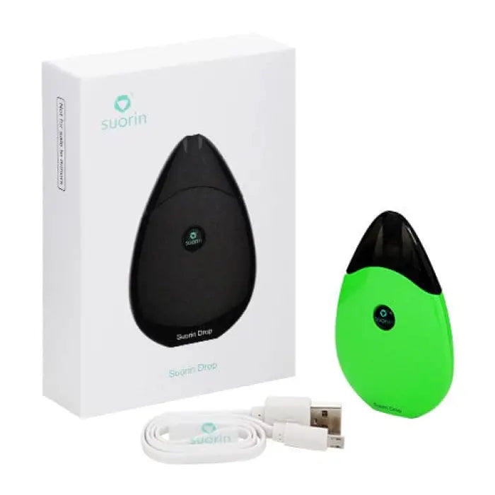 Teardrop-shaped electronic device in black and bright green with a USB charging cable.