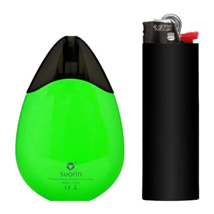 Bright green teardrop-shaped electronic vaping device with a black mouthpiece.