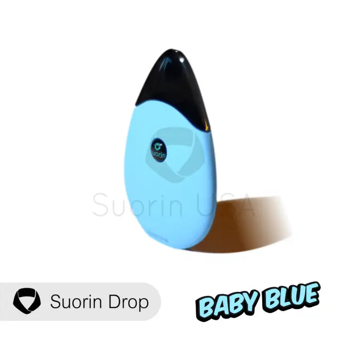 Teardrop-shaped blue and black electronic vaping device labeled ’Suorin Drop’ in baby blue color.