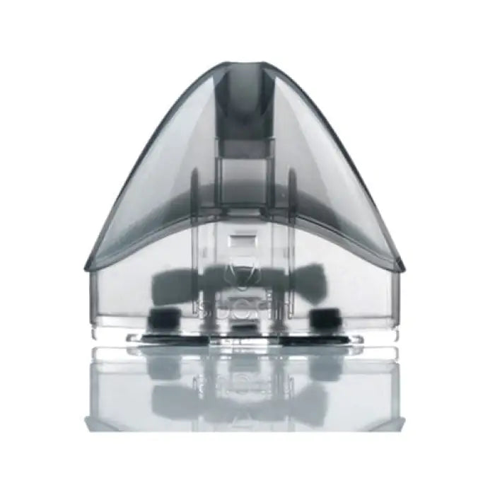 Transparent pod-like device with a triangular top and visible internal components.