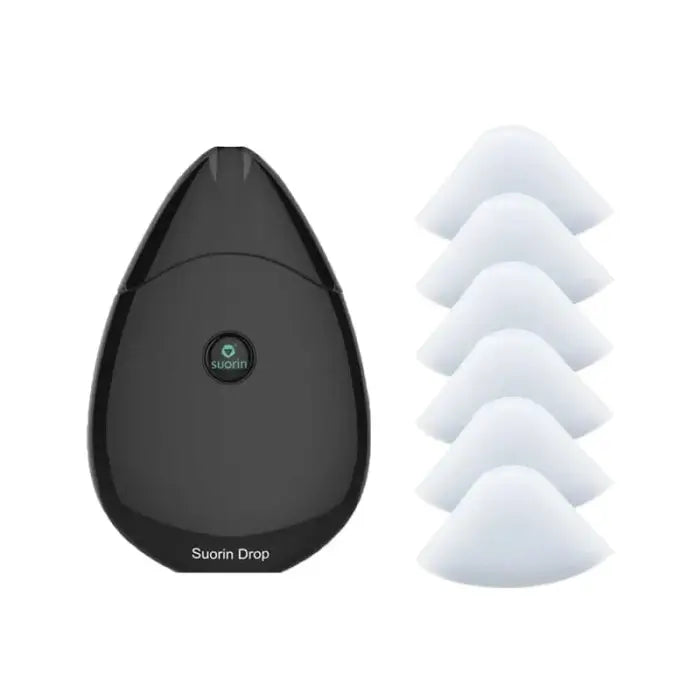 Teardrop-shaped black electronic device with a green circular button, accompanied by several white curved inserts.