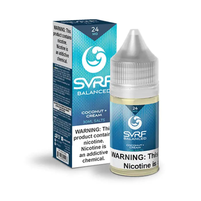 Bottle of SVRF Balanced e-liquid with its packaging box.