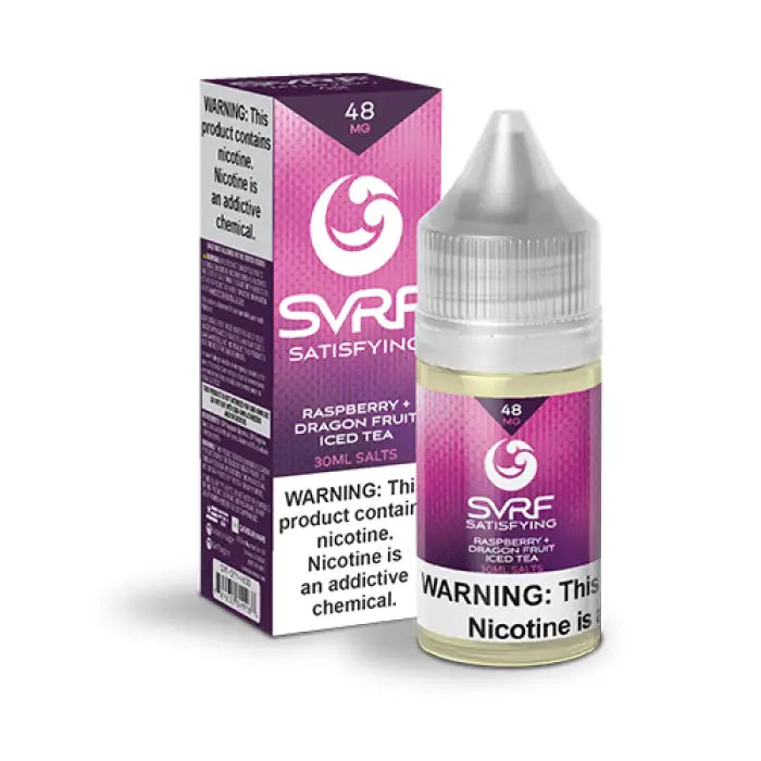 E-liquid bottle and packaging for SVRF Satisfying brand, featuring raspberry and dragon fruit iced tea flavor.