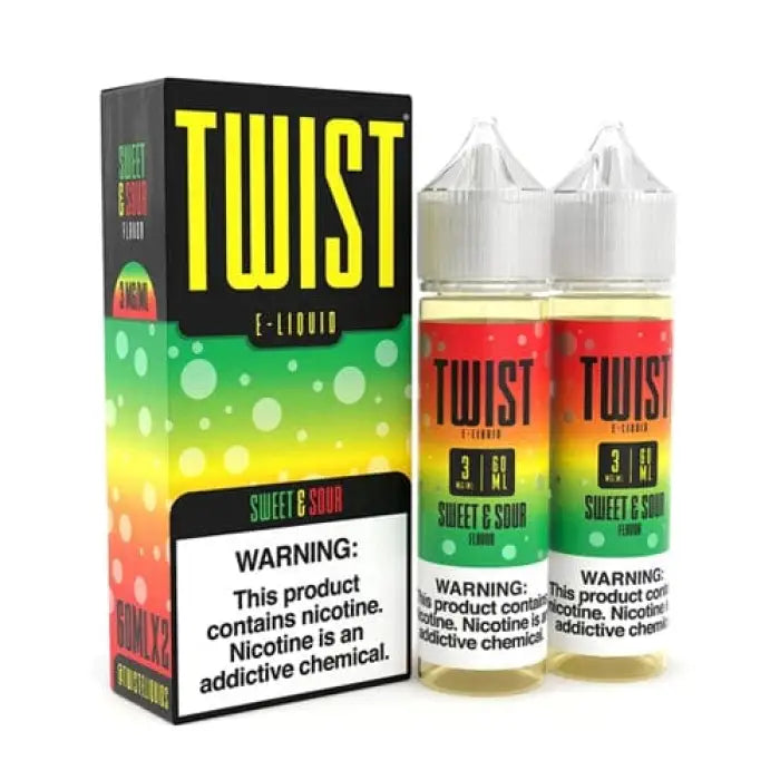 E-liquid product called ’Twist’ in colorful packaging with two bottles of vape juice.