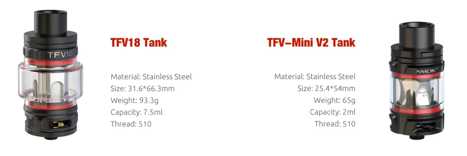 Two vape tanks with labels and specs for Smok Arcfox 230W Kit and TFV18 Tank.