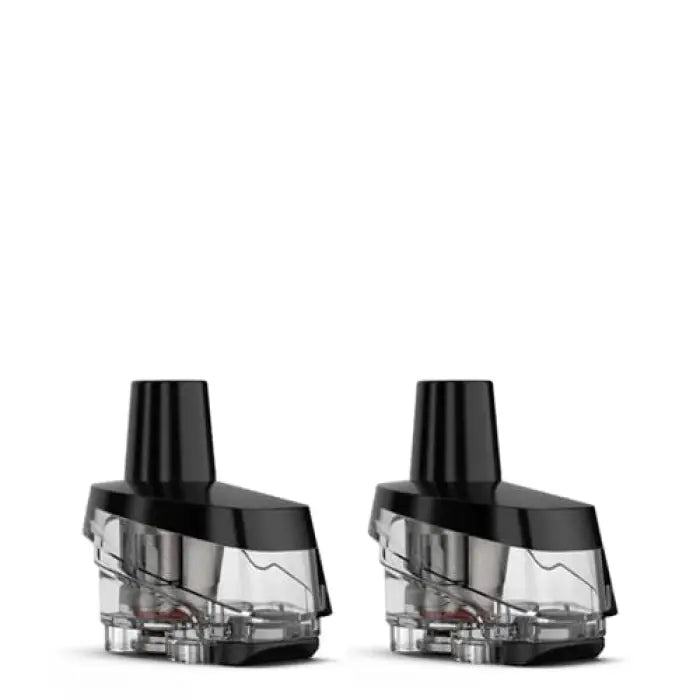 Two black and clear plastic vape pods or cartridges for an electronic cigarette device.