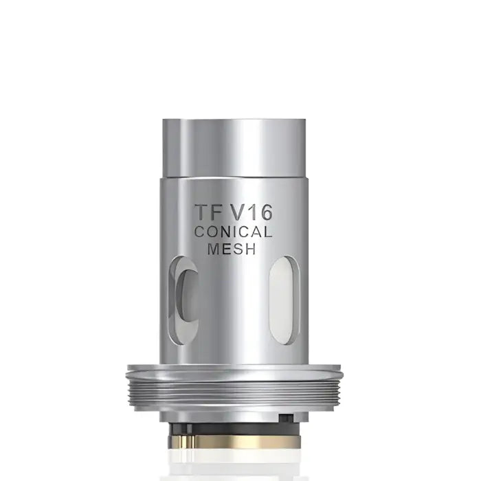 Cylindrical silver metal vaping coil or atomizer head labeled ’TFV16 CONICAL MESH’.