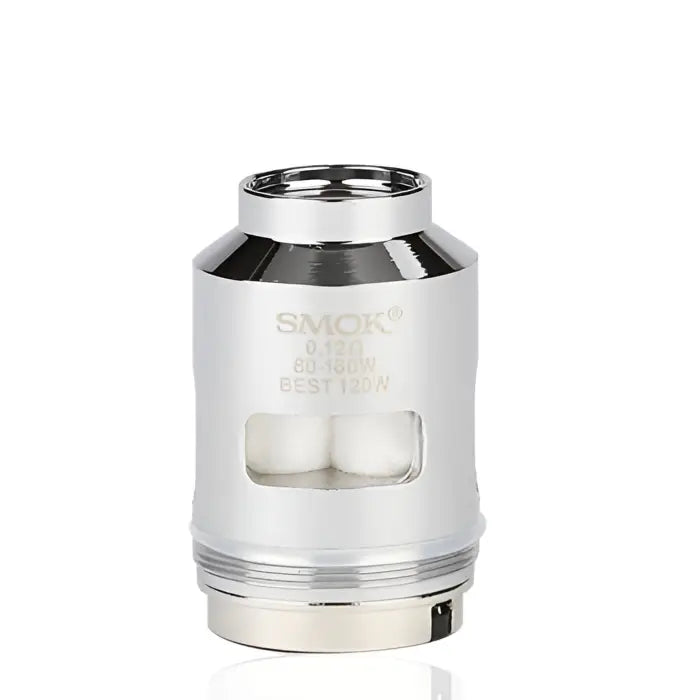 Metallic cylindrical vaping coil or atomizer with a small window showing internal components.