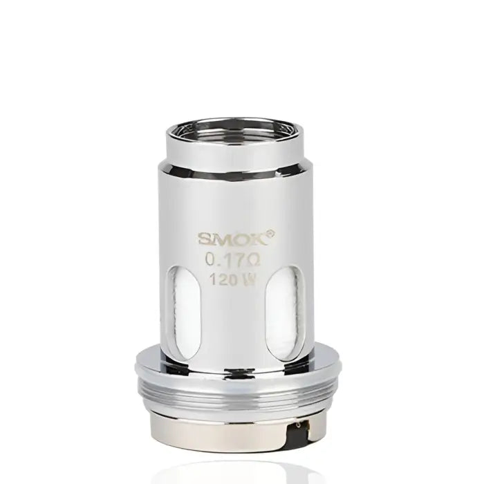 Metallic cylindrical vaping coil or atomizer head with visible text and air holes.