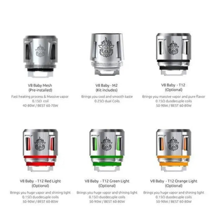 Collection of vaping coil heads or atomizer cores with different specifications and color-coded designs.