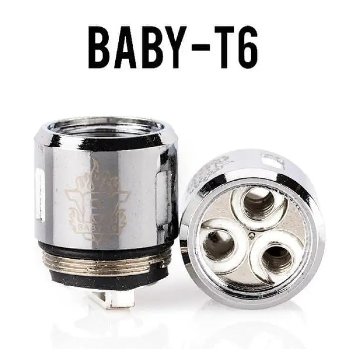 Vaping coil head labeled ’BABY-T6’’ with visible triple coil design.