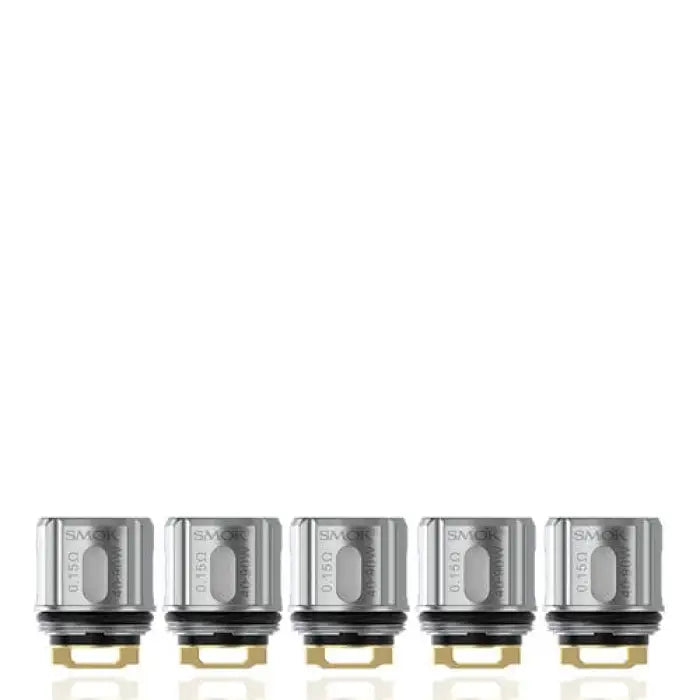 Five identical silver-colored cylindrical vape coils arranged in a row.