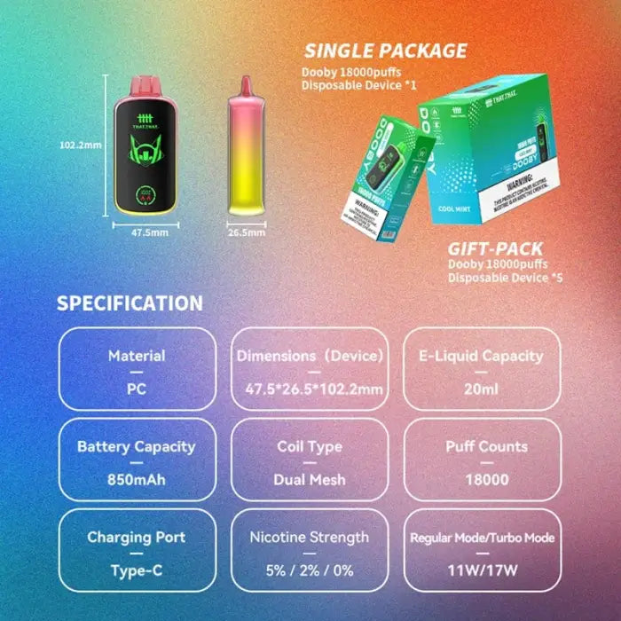 Electronic vaping device with colorful gradient display and detailed specifications.