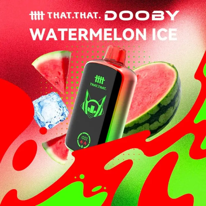 Electronic vaping device with a watermelon flavor theme.