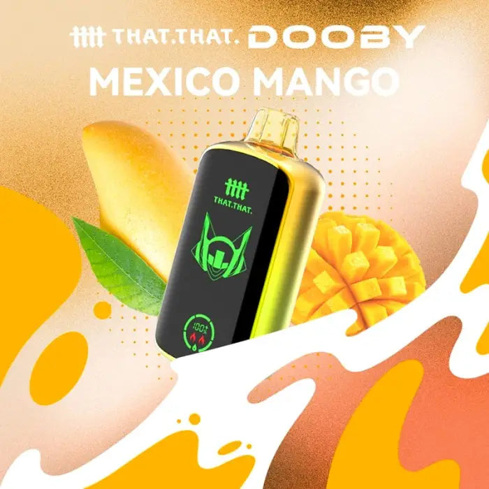 Electronic vaping device with ’Mexico Mango’ flavor branding and mango fruit imagery.