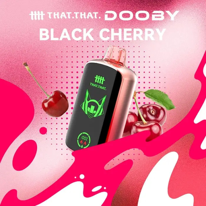 Electronic vaping device with a black screen displaying green icons, surrounded by cherry imagery.