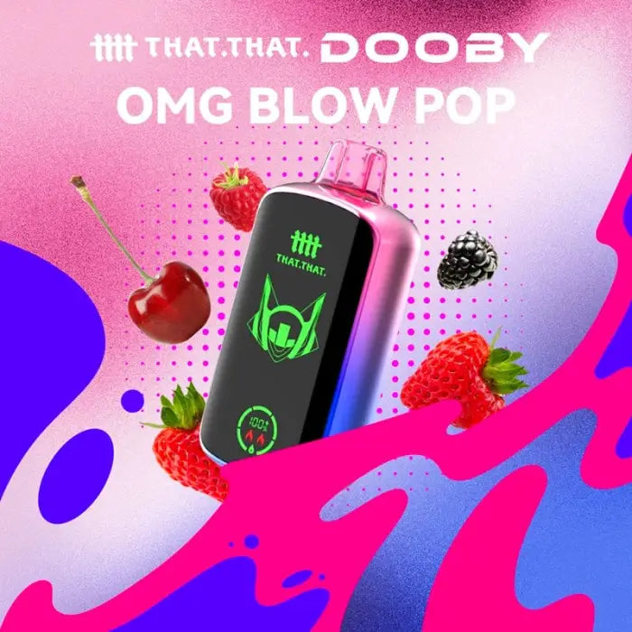 Electronic vaping device with a digital display surrounded by fruit imagery.