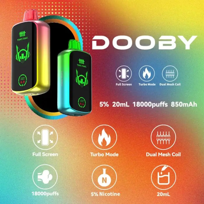 Colorful electronic vaping device with a digital display and multiple features advertised.