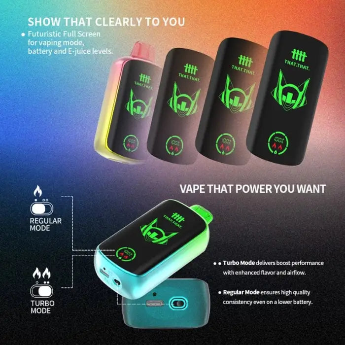 Electronic vaping device with a digital display showing battery and power levels.