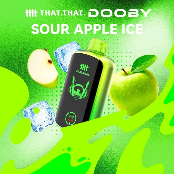 Vape device with ’THAT.THAT.DOOBY’ branding and ’SOUR APPLE ICE’ flavor.