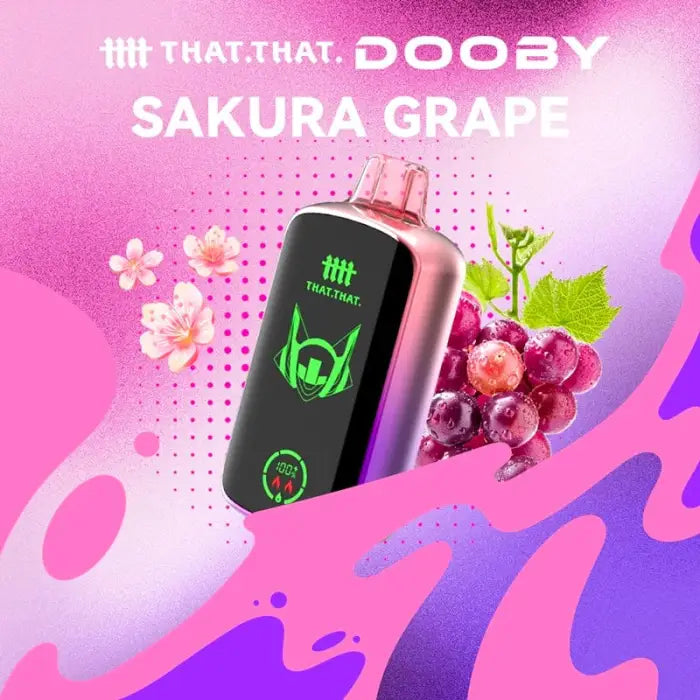 Electronic vaping device with a black body and green display, labeled ’SAKURA GRAPE’.