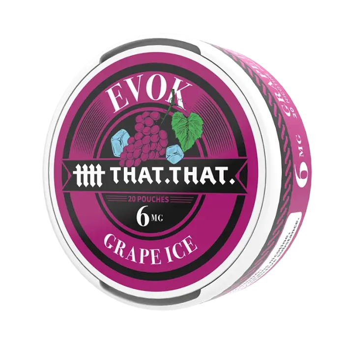 Circular tin of ’EVOK’ brand grape ice flavored nicotine pouches.