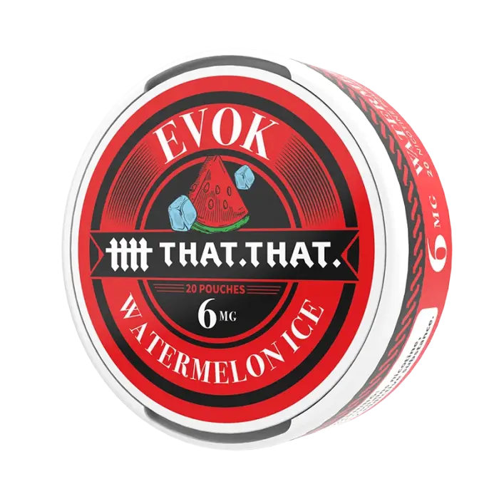 Circular tin of EVOK brand ’That.That.’ watermelon ice nicotine pouches.