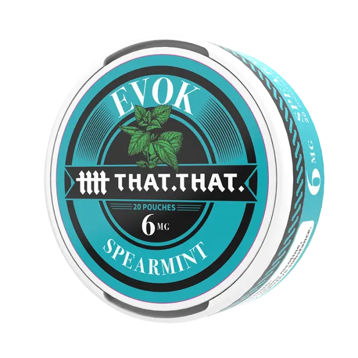 Circular tin of Evok brand spearmint-flavored nicotine pouches.