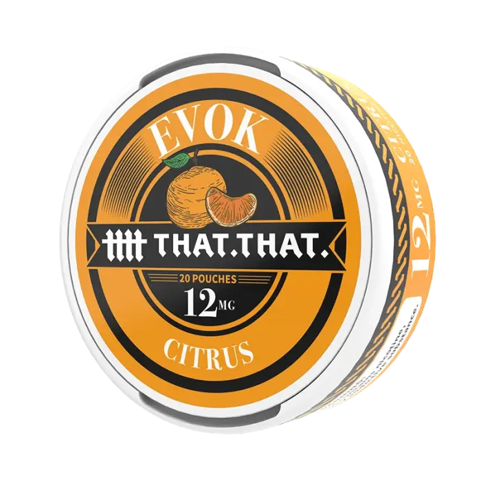 Circular tin of LYOK citrus-flavored nicotine pouches labeled ’THAT.THAT.’