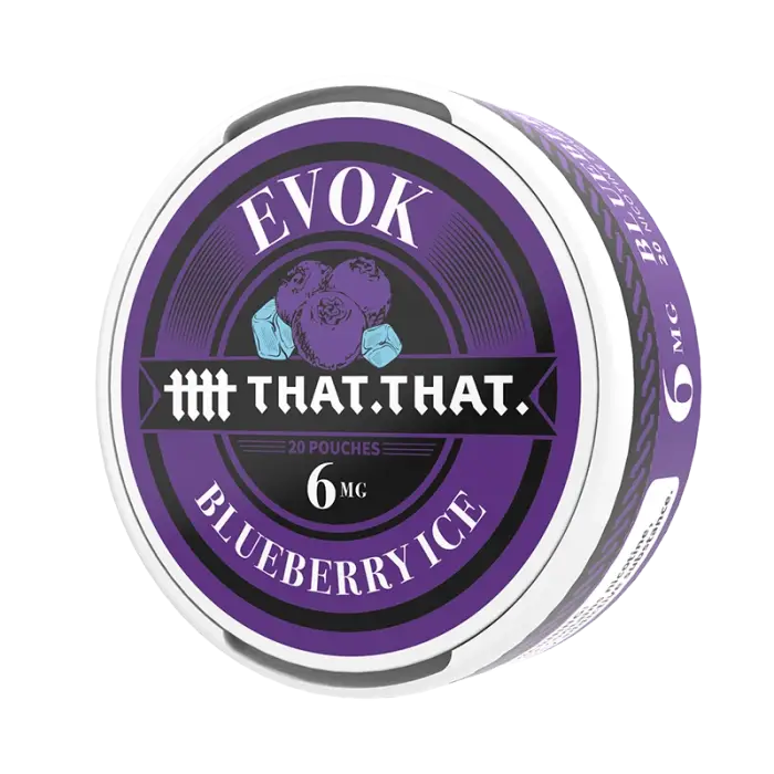 Circular tin of ’EVOK’ brand blueberry ice flavored nicotine pouches.