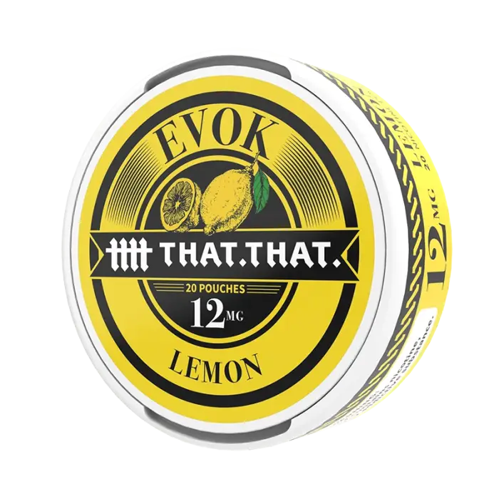 Circular tin of ’EVOK’ brand lemon-flavored nicotine pouches.