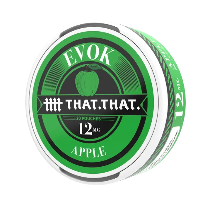 Circular tin of Evok brand apple-flavored nicotine pouches.