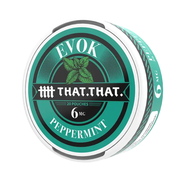 Circular tin of ’EVOK’ brand peppermint-flavored nicotine pouches.