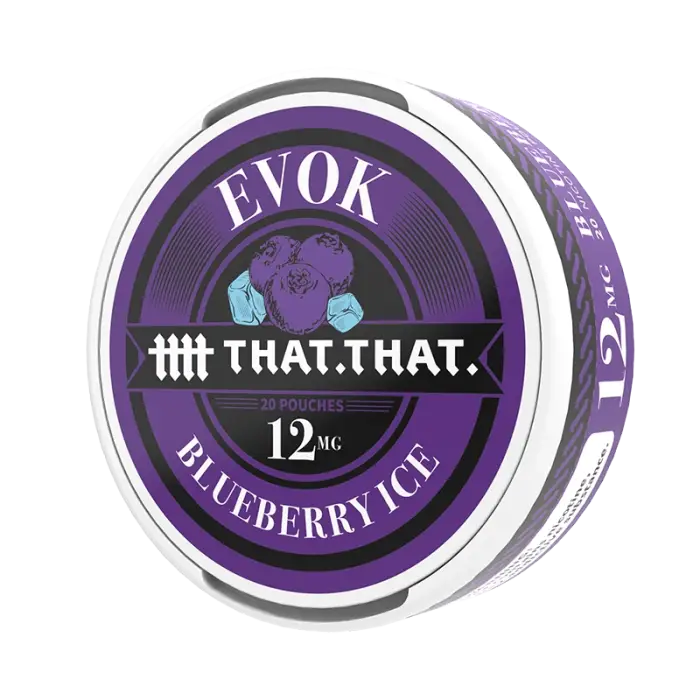 Circular tin of ’Evok’ brand blueberry ice flavored nicotine pouches.