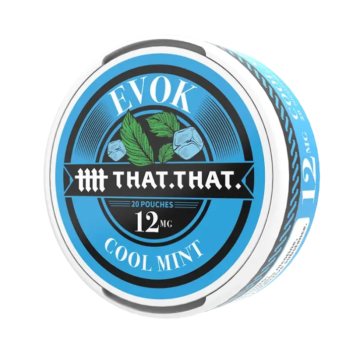 Circular tin of ’LYOK Cool Mint’ nicotine pouches labeled ’THAT.THAT.’ with 12mg strength.