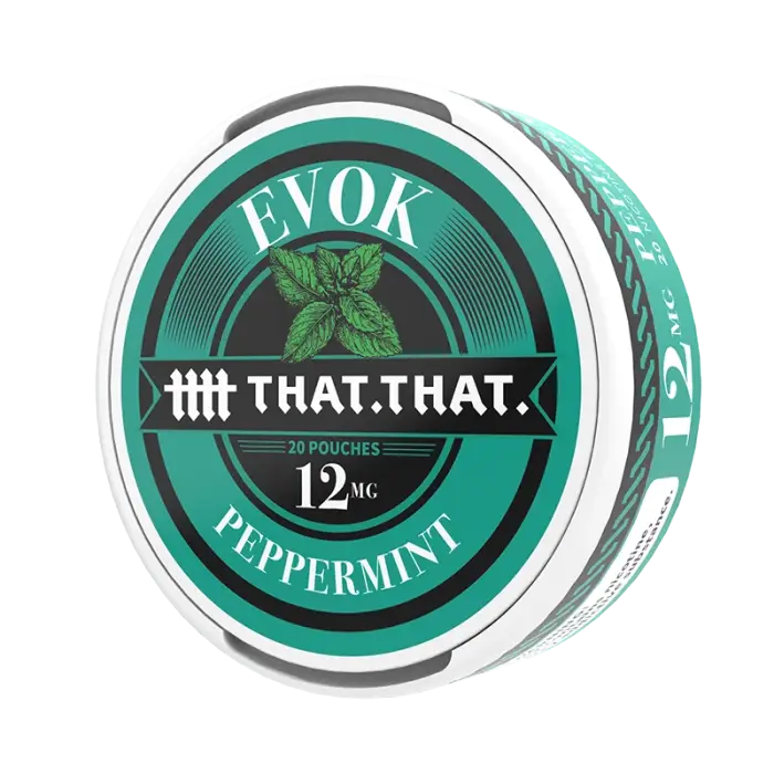 Circular tin of Evok brand peppermint-flavored nicotine pouches.