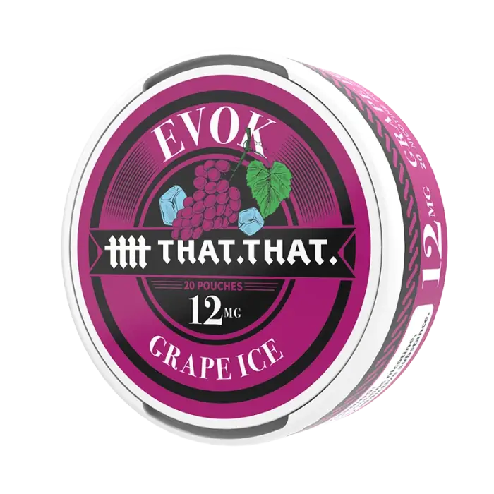 Circular tin container of Evok brand ’Grape Ice’ flavored nicotine pouches.