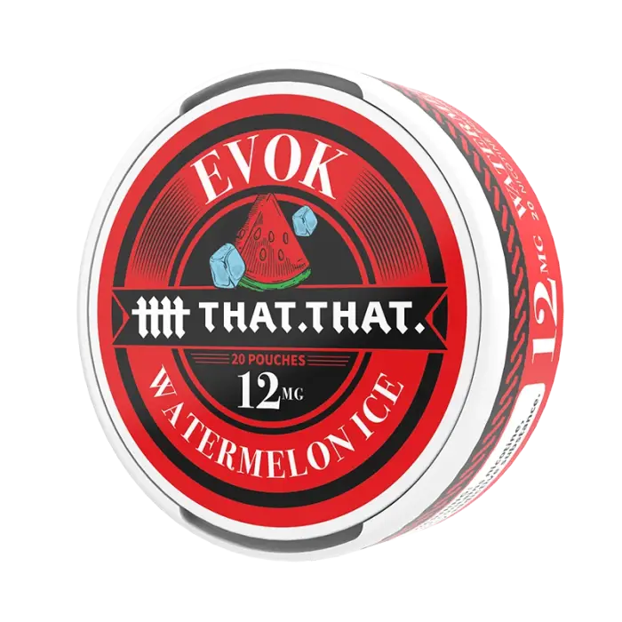 Circular tin container of ’EVOK’ brand watermelon ice nicotine pouches.