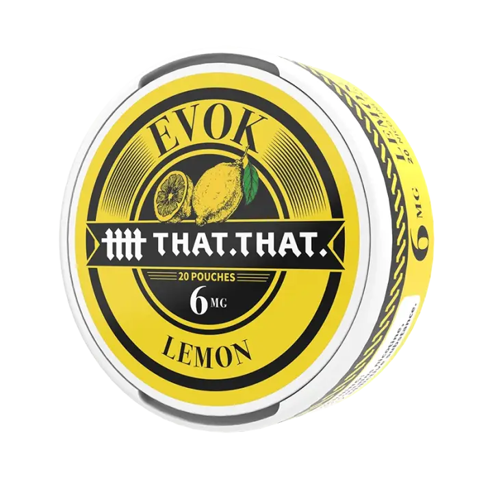 Circular tin of Evok brand lemon-flavored nicotine pouches.