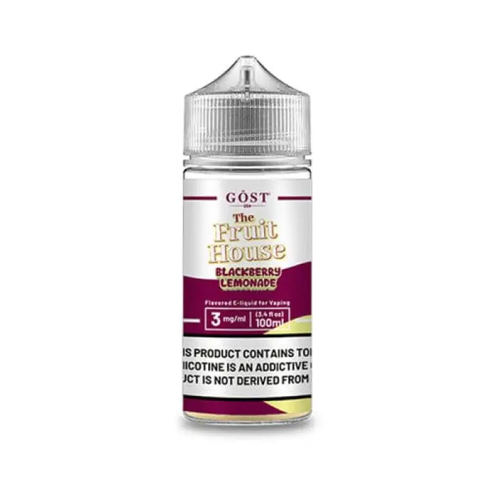 Bottle of e-liquid labeled ’GOST The Fruit House Blackberry Lemonade’ with warning text.