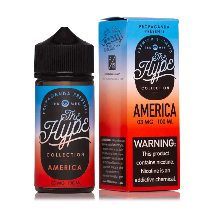 E-liquid bottle and packaging for a vape product called ’America’ from The Hype Collection.