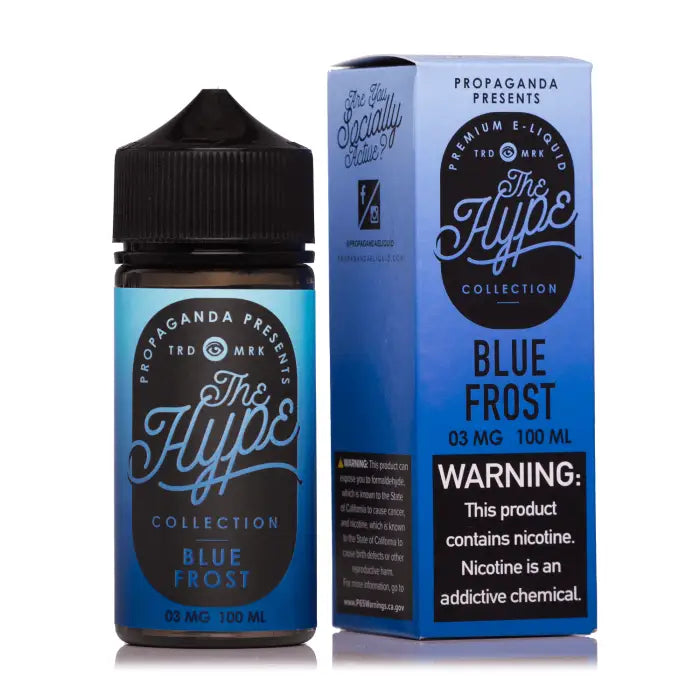 E-liquid bottle and packaging for ’The Hype Collection Blue Frost’ vape juice.