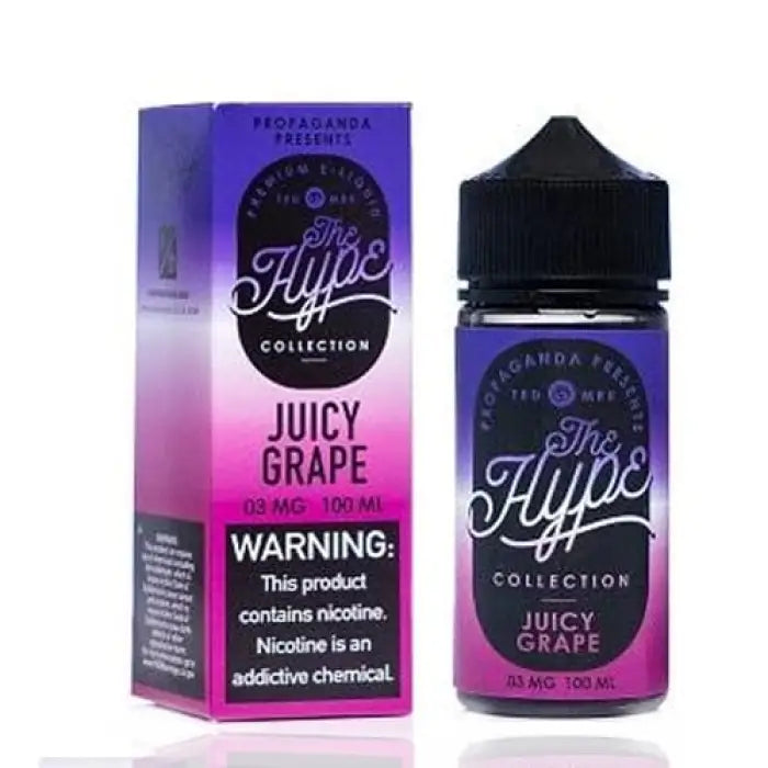 E-liquid bottle and packaging for ’The Hype Collection’ Juicy Grape flavor.